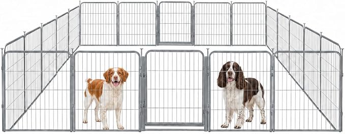 Dog Play Pen for Indoor Use - 32'', 20 Panels for Small and Medium Size Dogs - Portable Grey Playpen Kennel for House or Garage - Metal Heavy Duty Pet Fence with Anti-Slip Feet