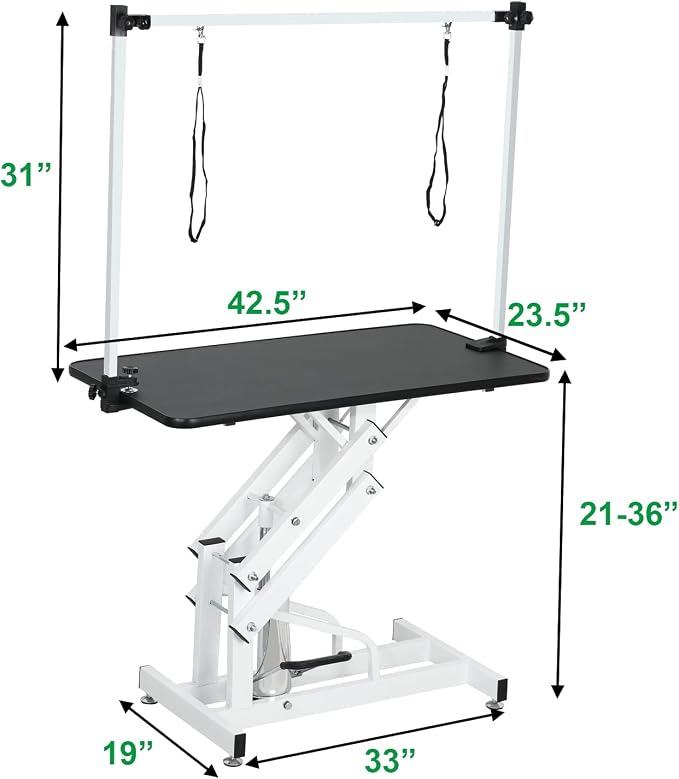 Hydraulic Dog Pet Grooming Table, 42 Inch Heavy Duty Professional Pet Grooming Station 21'' -36'' Height Adjustable for Large Dog at Home with Adjustable Overhead Arm, Clamp and Grooming Noose, Black
