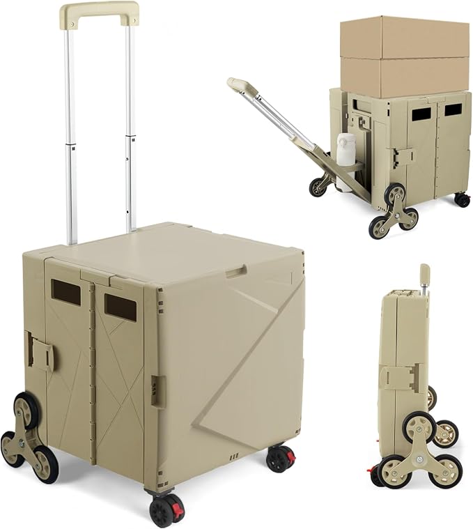 76L Folding Utility Cart Portable Rolling Crate Handcart Shopping Collapsible Tool Box with Stair Climbing Wheels,Hidden Lid,2 Rotate Wheels,for Grocery,Shopping,Office,Storage(Brown)