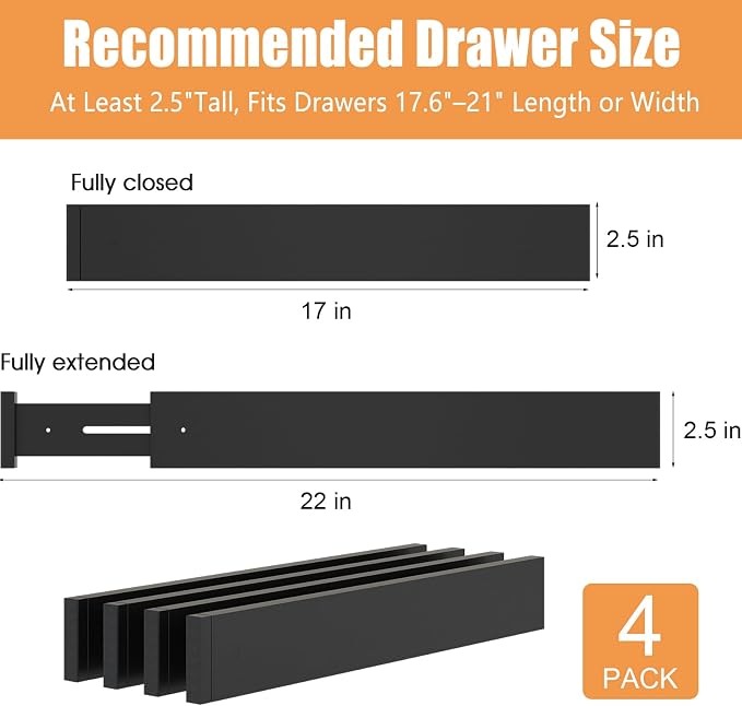 Bamboo Drawer Dividers, Adjustable Drawer Organizers, Fits 17.6–21" Drawers | 2.5" High, 4 Pack Expandable Drawer Separators for Kitchen, Nursery, Dressers & Office Storage, Black