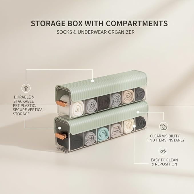 Stackable Storage Box with Dividers, Clear PET Plastic Organizer for Accessories & Essentials, Space-Saving Drawer Bin