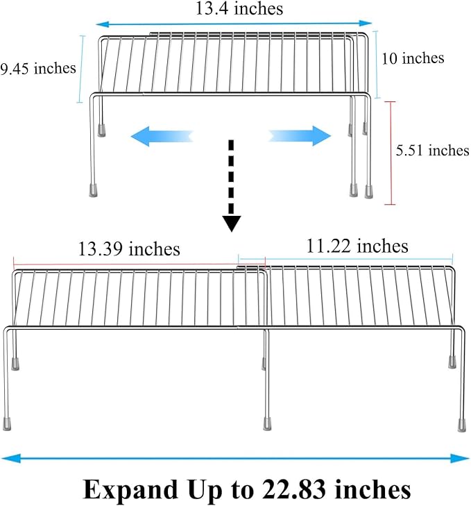 Kitchen Cabinet Expandable Shelf Organizers Set of 6, Adjustable Metal Wire Pantry Storage Shelves, Plate Dish Organizer Rack for Cabinets, Cupboard, Counter, Freezer, Countertop, Chrome