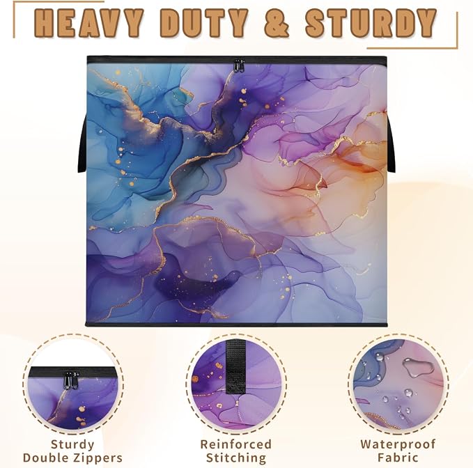 Purple Blue and Gold Marble Large Storage Bags, Fabric Bed Storage Containers, Foldable Closet Organizers for Blanket, Clothing, Comforter, Bedding, Abstract Modern