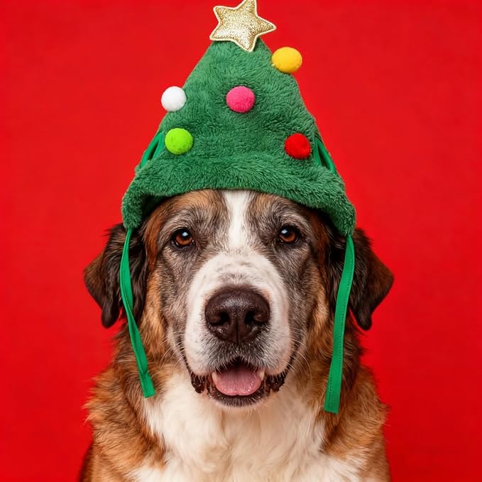 Christmas Tree Headwear Hat for Pet, Decorations Star Pompoms Christmas Cat Dog Headwear Photo Props (Medium)