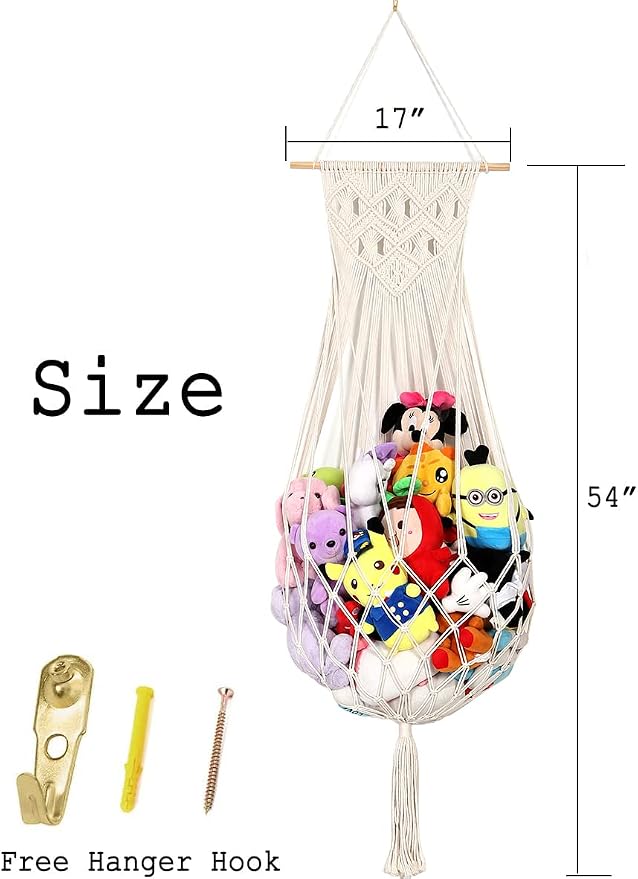 Stuffed Animal Hammock Wall Hanging Net for Stuffed Animal Storage Plush Toy Holder Macrame Toy Display for Boho Kidroom Decor Nursery Organizer (Cream)