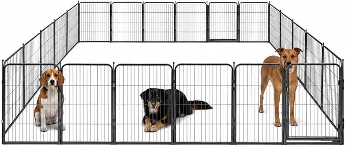 Dog Play Pen for Outdoor Use - 32'', 24 Panels for Small and Medium Size Dogs - Portable Playpen Kennel for RV, Camping, and Yard - Heavy Duty Pet Fence w/Black Rust Resistant Coating