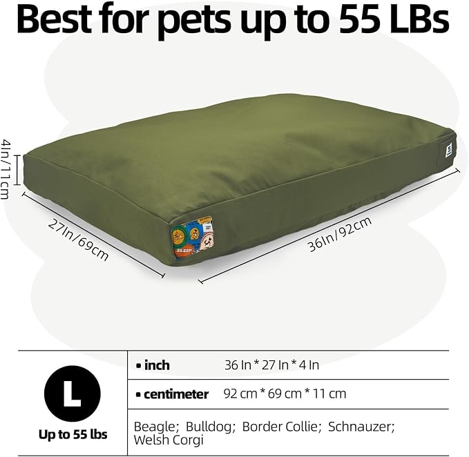 Sytopia 36 Inch Durable Indestructible Dog Bed for Large Dogs, Outdoor Canvas Chew Proof Pet Crate Mat with Waterproof Washable Removable Cover, Indoor Patio Pet Pad for Crate, Green