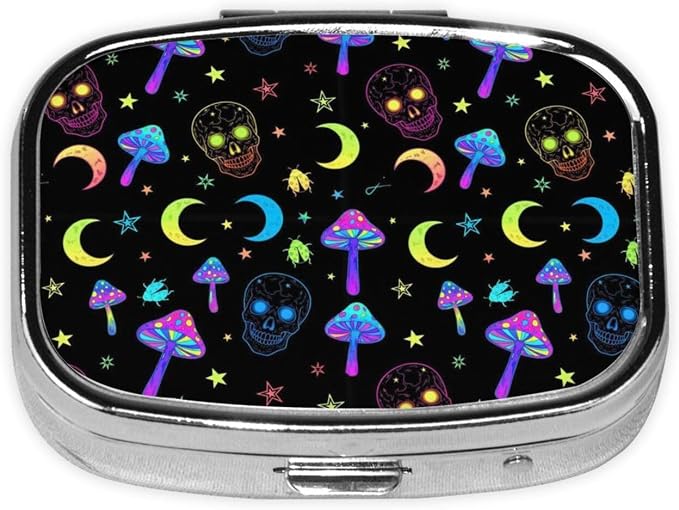 2 Compartments Travel Pill Organizer Daily Pill Case Goth Moon Mushrooms and Human Skulls Small Pill Box for Pocket Purse Portable Pill Container Medicine Vitamin Organizer