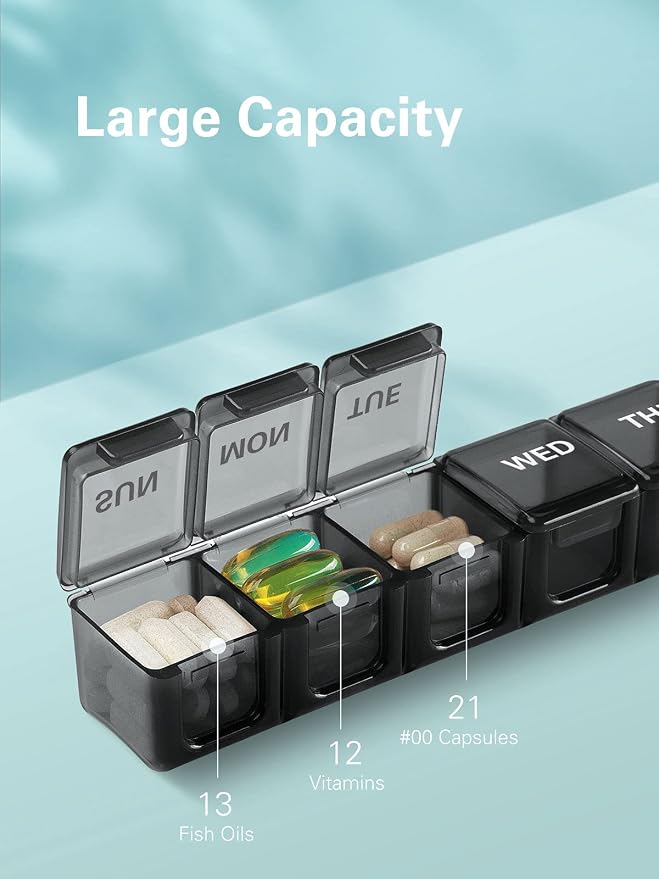 Sukuos Extra Large Weekly Pill Organizer, 7 Day Daily Pill Box Case Easy to Open, Silkscreen Printed Medicine Container with Clear Lid for Vitamins, Fish Oils or Supplements