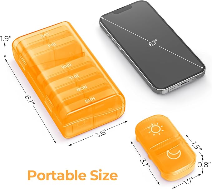 AUVON Weekly Pill Organizer 2 Times a Day, One-Side Large Opening, Easy‑Use | XL AM PM Pill Case, Travel Pill Box 7 Day, Medication Organizer for Medications, Vitamins, Fish Oils, Supplements, Orange