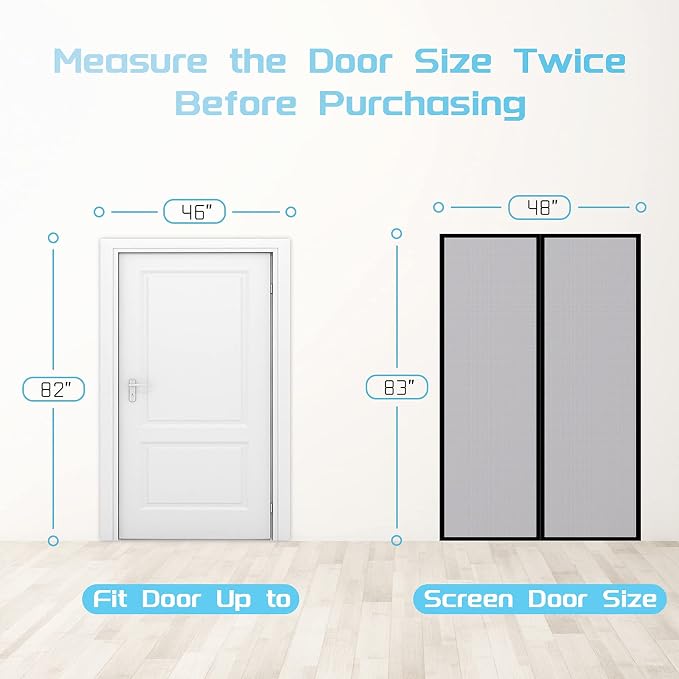 TheFitLife Fibreglass Magnetic Screen Door, Heavy Duty Mesh Curtain | 48"x83" - Fits Doors up to 46"x82" Max, Gray, with Full Frame Hook & Loop Powerful Magnets, Pet & Kid Friendly, Hands Free
