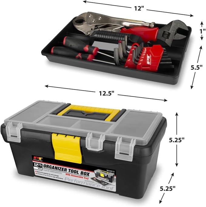 Performance Tool W54012 Heavy Duty Plastic Organizer Tool Box for Workshops and Garages, Black, 12.5-Inch | Tool organizer with ergonomic comfort handle. Plastic portable tool carrying case for hobbies and more