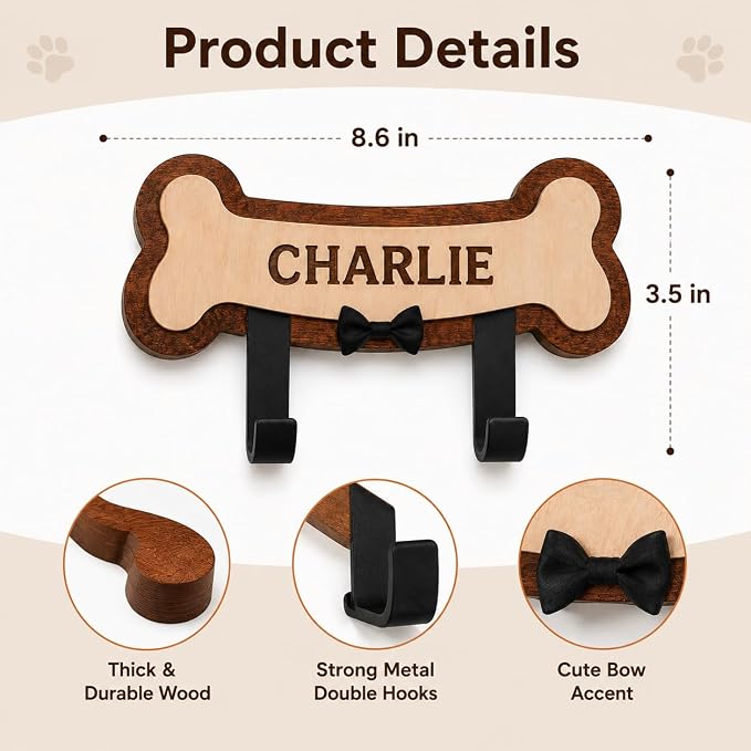 Personalized Dog Leash Holder for Wall, Custom Pet Name Bone Wall Hook with Double Metal Hooks, Wooden Dog Leash Organizer for Collar, Harness & Keys, Pet Lover Gift for Dog Owners