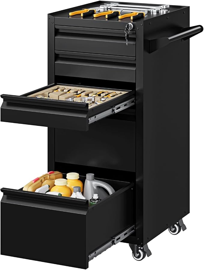 5-Drawer Metal Tool Storage Cabinet with Wheels,Rolling Tool Chest with Drawer and Locking Keys,Heavy Duty Tool Storage Organizer for Garage,Warehouse,Workshop