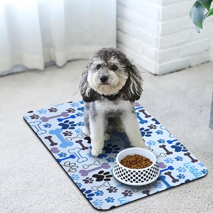 Dog Food Mats for Floors Waterproof, Pet Water Bowl Mats Pet Feeding Absorbent Placemats Blue 12 * 20 inch