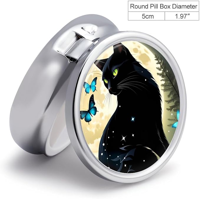 Black Cat and Butterfly Metal Round Pill Box, 3 Compartment Travel Organizer, Portable Pill Container with Secure Latch, 2 Inch Circular Vitamin Caddy for Pills and Vitamins, Gift for Him Her Elderly