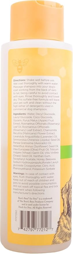 Burt's Bees for Pets Deodorizing Dog Shampoo with Apple and Rosemary, 95% Natural Origin, pH Balanced, Free of Sulfates, for Smelly Dogs, Gentle Dog Shampoo, 16 Fl Oz