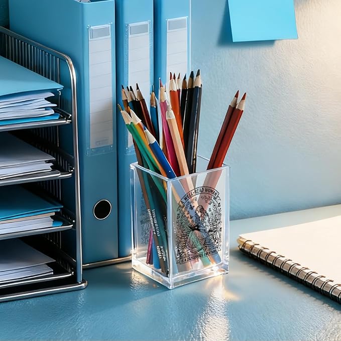A Well-read Woman Is A Dangerous Creature Acrylic Pencil Holder Cup | Funny Floral Books Desk Organizer for Book Lover Bookish Booktrovert Readers, Women Empowerment Gifts for Mom Sister BFF