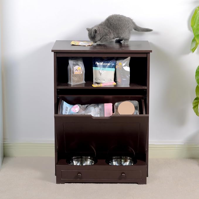Pet Feeder Station, Dog Food Storage Cabinet with Stainless Steel Double Pull Out Raised Dog Bowls, Pet Food Toy Storage Container, Elevated Cat Bowls Feeding & Watering, Pet Toy Storage Organizer