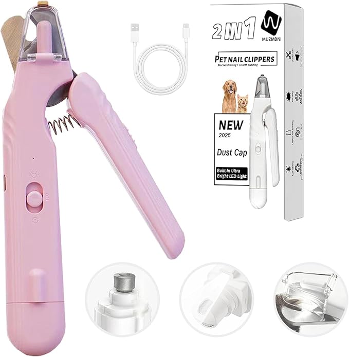 2-in-1 Dog Nail Grinder & Dog Nail Clippers Trimmers for Large Medium Small Dogs Cats Pets Claw Trimmer with LED Lights (Pink)