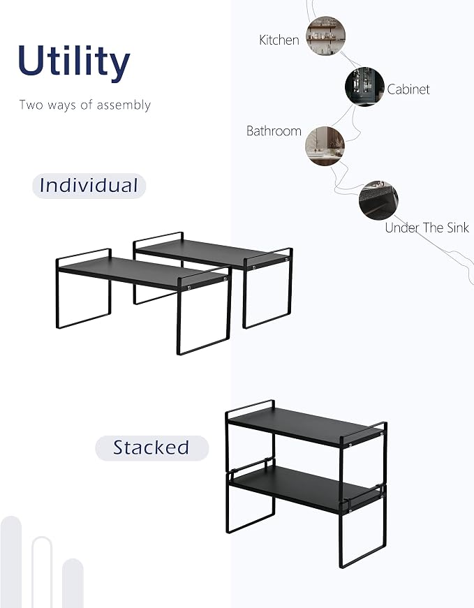 Nxconsu Stackable Cabinet Shelf Organizer 2 Pack, Standard Black | Heavy-Duty 3mm Steel Stackable 2-Tier Shelf, Holds 50 lb, for Kitchen Cabinet Pantry Cupboard Counter Bathroom Under Sink