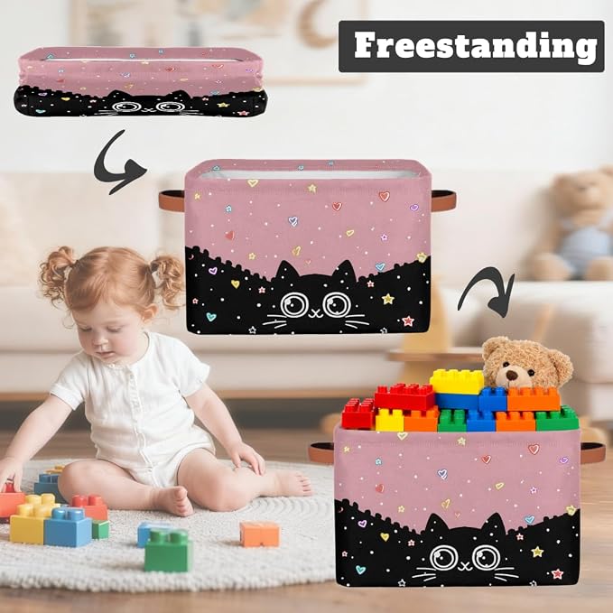 Pardick Storage Baskets Bin, Cute Cat Black Collapsible Canvas Fabric Storage Bin Decorative Baskets Toy Organizer Rectangle Storage Boxes with handles for Home Shelves Nursery,Q-10