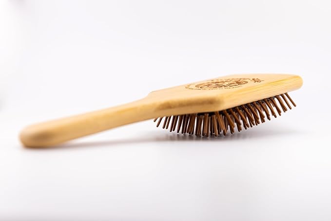 Large Bamboo Dog Grooming Brush for Medium & Large Dogs, Ergonomic Handle, Wooden Pin Bristles, Flexible Rubber Cushion, Sustainable Deshedding & Detangling