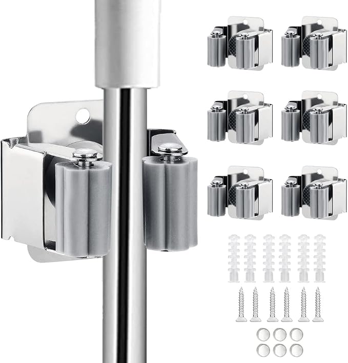 JAMEND CLXP 6PCS Broom and Mop Holder, Heavy Duty Garden Tool Organizer Rack Rake and Shovel Handle, Stainless Steel Mop Hanger. Wall Mounted Utility Rack with Screws, Silver.