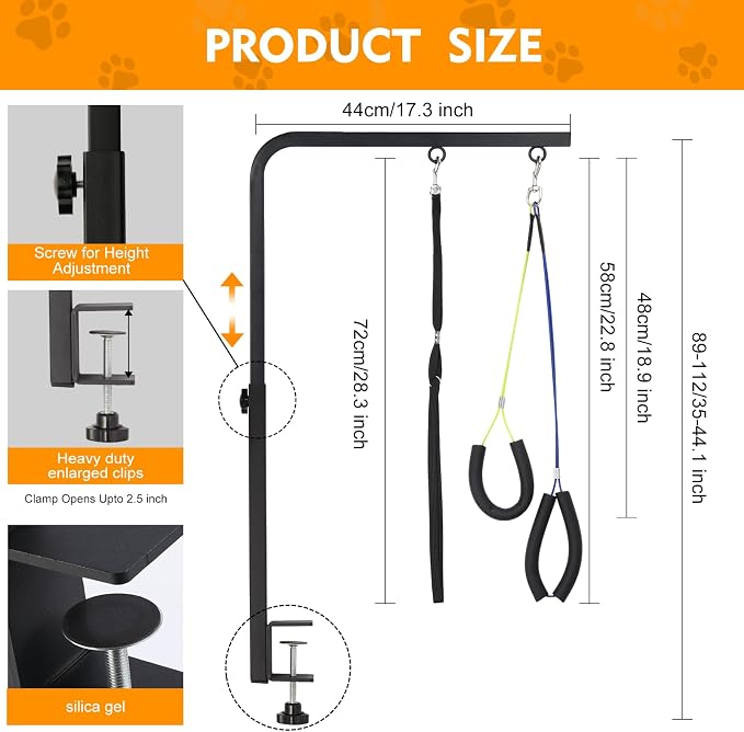 Adjustable Pet Grooming Arm with Clamp for Small & Medium Large Dogs,44" | Dog Grooming Arm,Grooming Loop & No Sit Haunch Holder Dog Grooming Station with Clamp for Home Use,Nail Trimming & Drying