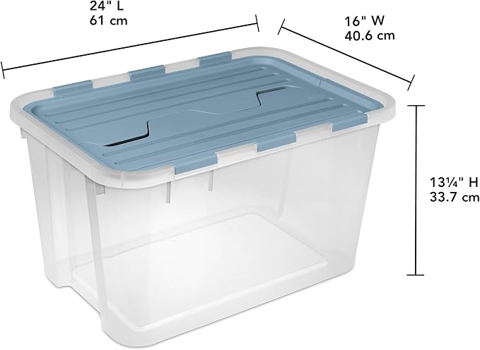 SteriliteHinged Lid Storage Box Plastic Container, 60 Quart, 6 Pack | Washed Blue - Home Organizer Tote for Storing Shoes, Crafts, Clothing, or Decor