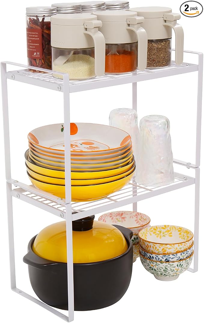MiaLi Cabinet Organizer Shelf, Set of 2 Metal Counter Shelves Spice Rack, Stackable Kitchen Bathroom Organizers and Storage, White