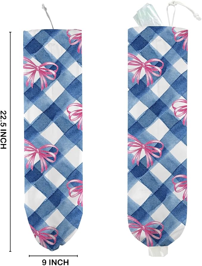 Pink Bow Plastic Bag Holder for Kitchen Essentials, Wall Mount Grocery Bag | Holder for Plastic Bags, Blue White Plaid Reusable Shopping Bags Storage Dispenser for Home Kitchen Pantry, 22.5x9 Inch