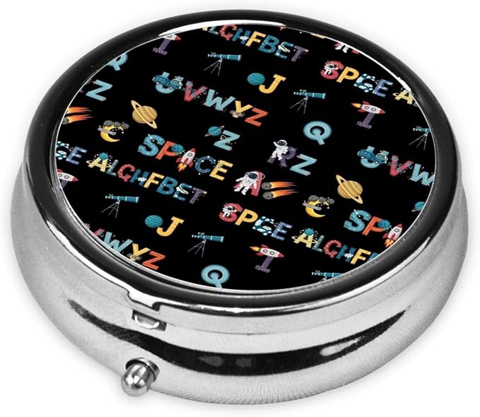 Travel Pill Case, Round Metal Organizer, Small Dispenser for Supplements, Pocket Purse Holder for Outdoor Adventures, Space Solar System Galaxy Science Rocket Planet Astronaut English Alphabet
