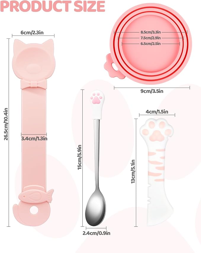 5 PCS Cat Food Can Covers Lids Set, Silicone Pet Food Can Lids with Multi-Function Cat Food Spoon and Opener, Cat Bar Squeezer, Stainless Steel Wet Food Spoon for Cats and Dogs (Pink) (Pink)