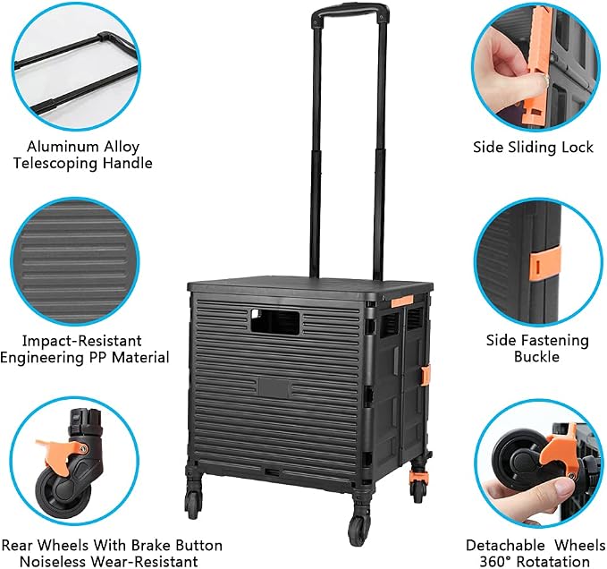 Utility Cart Folding Portable Rolling Crate Handcart with Lid Durable Heavy Duty Plastic Telescoping Handle Collapsible 360 Degree Rotate Wheels for Travel Shopping Moving Luggage Office Use,Black