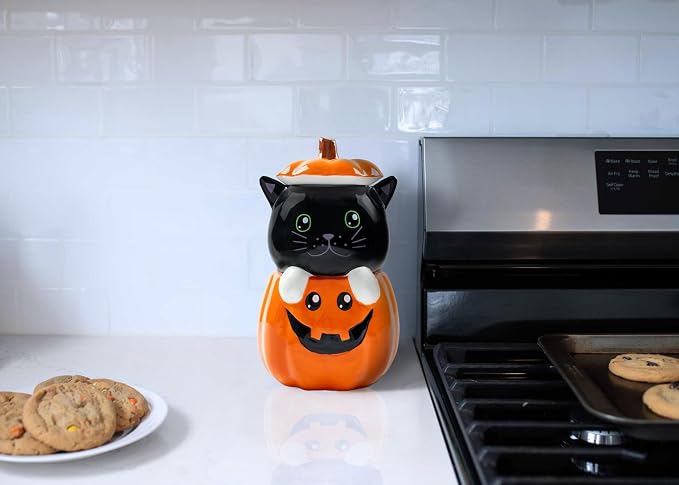 Dolomite Ceramic 11 x 6.3 Halloween Cookie & Candy Jar with Airtight Lid: Perfect for Kitchen Canisters, Pet Treat Containers & Fall Decorative Candy Dish, Black Cat Pumpkin