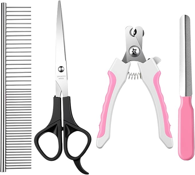 4 PCS Professional Pet Claws Nail Clipper Trimmers, Dogs and Cats Grooming Tools, Metal Dog Comb for Small, Medium and Large Breeds, Cats, Rabbits, Guinea Pigs with Safety Guard to Avoid Over Cutting