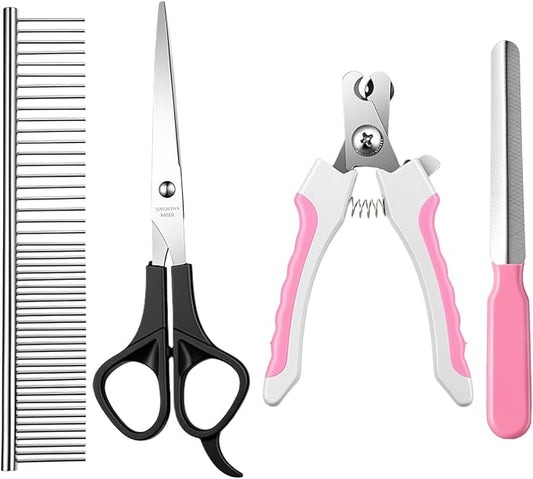 4 PCS Professional Pet Claws Nail Clipper Trimmers, Dogs and Cats Grooming Tools, Metal Dog Comb for Small, Medium and Large Breeds, Cats, Rabbits, Guinea Pigs with Safety Guard to Avoid Over Cutting
