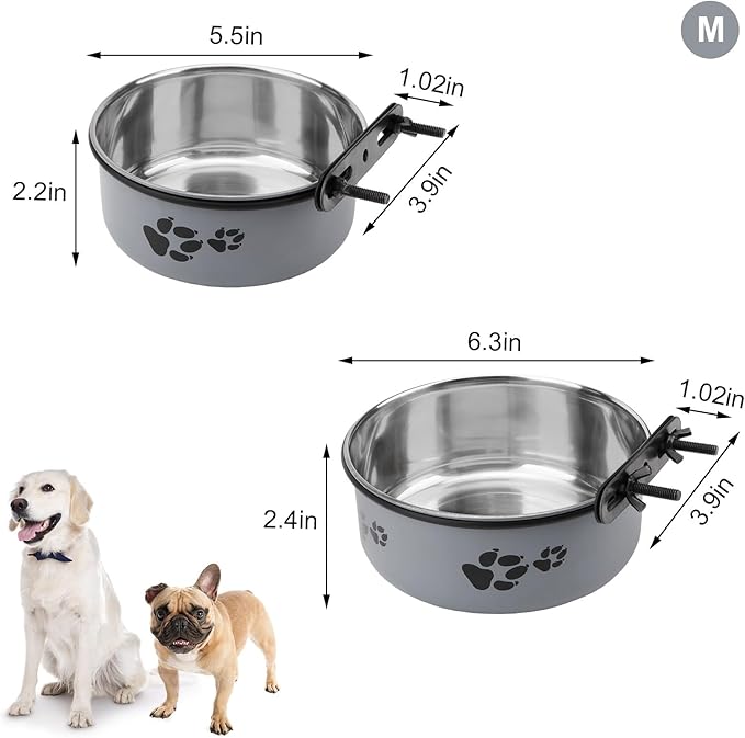 Stainless Steel Dog Crate Bowls Hanging No Spill 2 PCS - Adjustable Mountable Kennel Bowls for Medium/Large Dogs, Anti Spill Water & Food Bowl Set (Gray, M(5.5"+6.3"))