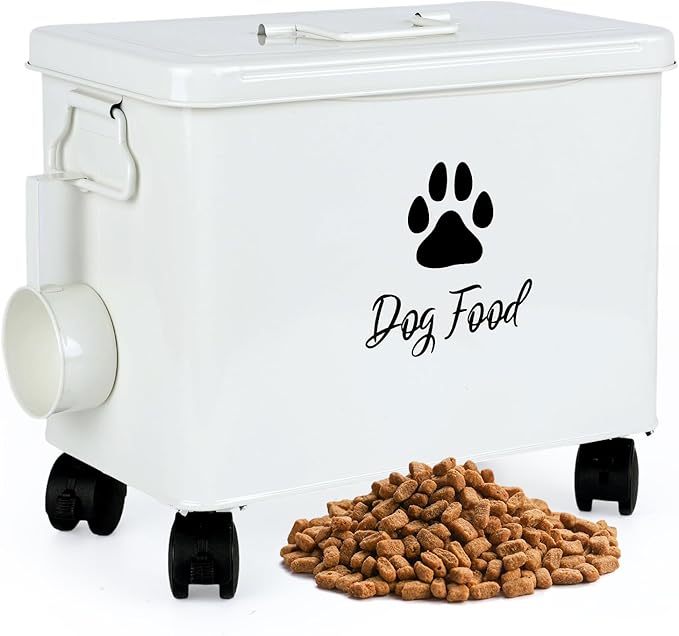 Dog Food Container 13lb, Cute Airtight Pet Food Storage Containers with Metal Lid Scoop, Black Metal Storage Bin for Dog/Cat with Wheels,Easy to Move White