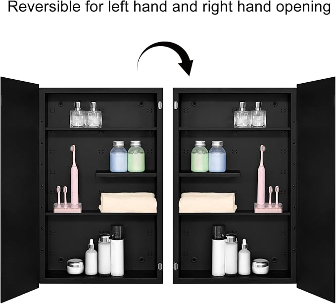 Black Metal Medicine Cabinet, 18 x 30 Beveled Mirror, Recessed Wall Storage | Bathroom Mirror Cabinet with Adjustable Staggered Shelves, Piano Hinge, Left/Right Swing, Fully Assembled, Matte Black Finish