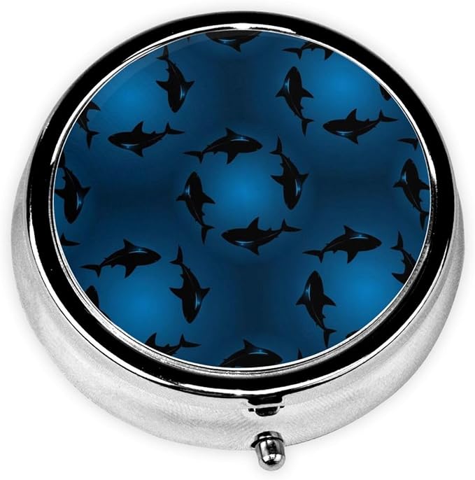 Compact Pill Holder, Ocean Blue Sea Floating Sharks Round Mini Dispenser, Travel Organizer Case for Medicine, Purse Pocket Box for Outdoor Enthusiasts