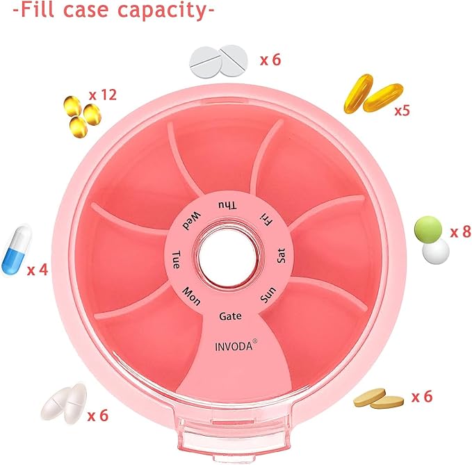 8PCS INVODA Weekly Pill Organizer 7 Compartment Rotating Pill Box for Daily | Cute Round Pill Organizer Fit purse pocket or backpack Portable Travel Pill Case for Fish Oil Supplements Vitamins Medication