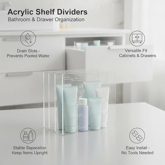 Acrylic Shelf Dividers | Slotted Design, PET Plastic Separators, For Bathroom Cabinet, Drawer Organization, With 4 Layer Supports