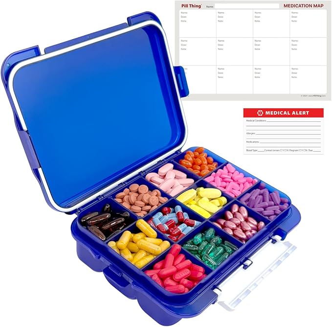 12 Compartment Large Pill Case with Airtight Seal - Silicone Gasket Waterproof Med Box with Medication Map and Medical Alert Card (Blue, 1 Pack)