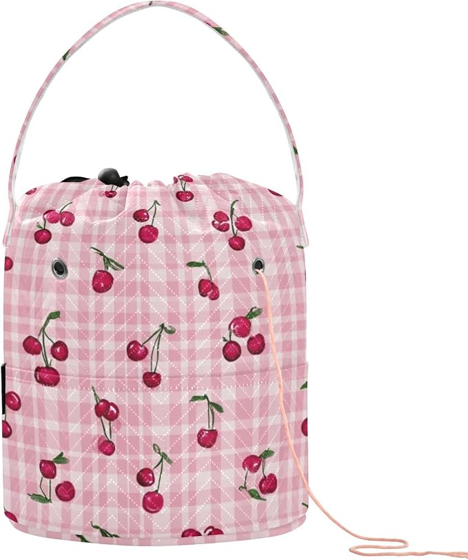 Tatenale Crochet Bag Yarn Bag Knitting Project Bag with Pockets and Handle Portable Yarn Storage Organizer Tangle Free 8.3x11 InchPink Cute Checkered Cherry13
