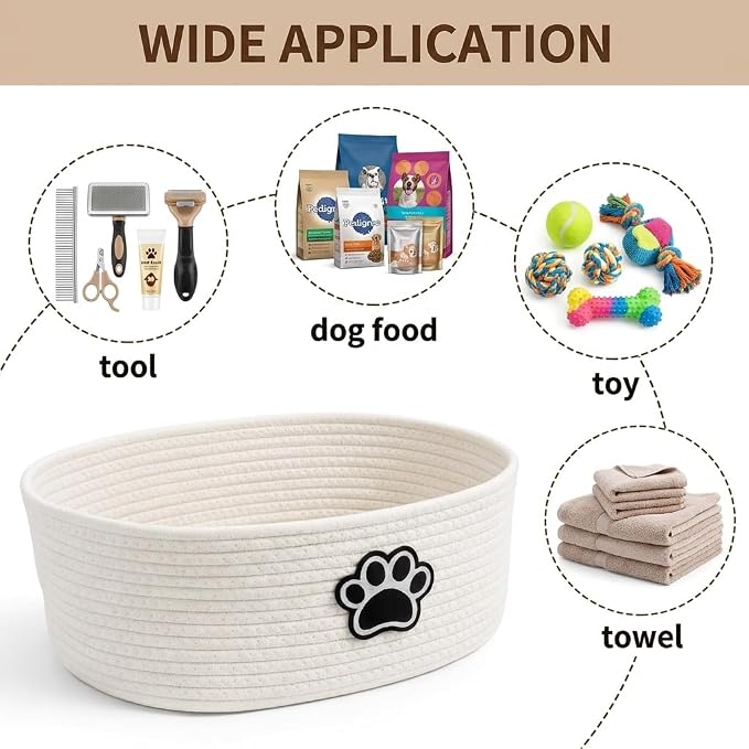 Woven Basket,Dog Toys Basket with Handle,Cute Cotton Gift Baskets Empty for Puppy Leash,Blanket Food, Accessories Pet and Household Storing