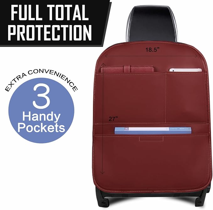 SUTSU Kick Mat Back Seat Protector， Waterproof Leather Car Seat Back Organizers Cover with 3 Storage Pockets for Kids Pets SUV Sedan Minivan Truck Car Travel Accessories (Wine Red 2-pack)