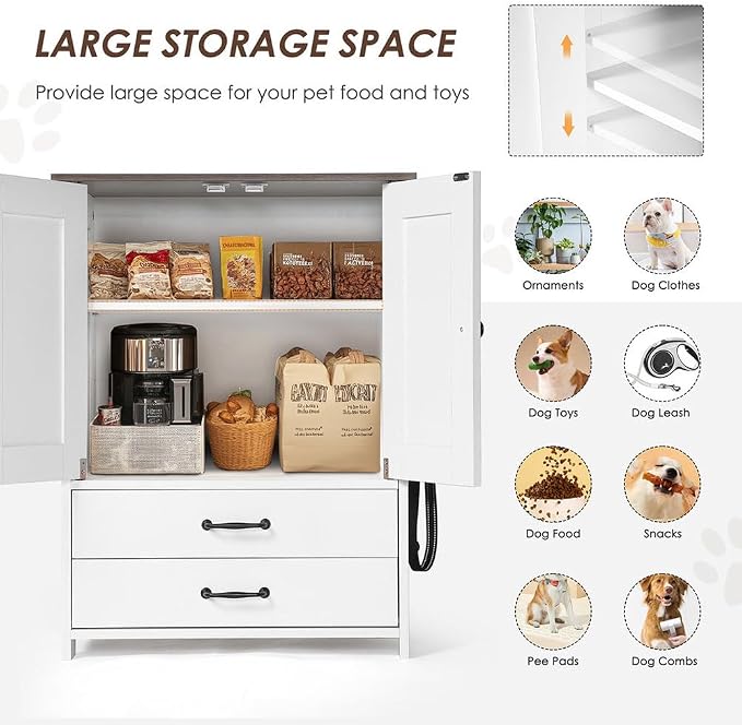 Dog Food Storage Cabinet, Modern Dog Feeding Station with 2 Adjustable Dog Bowls,Hidden Pet Feeder Station Wood, Dog & Cat Storage Organizer, for Feeding & Watering Supplies, White