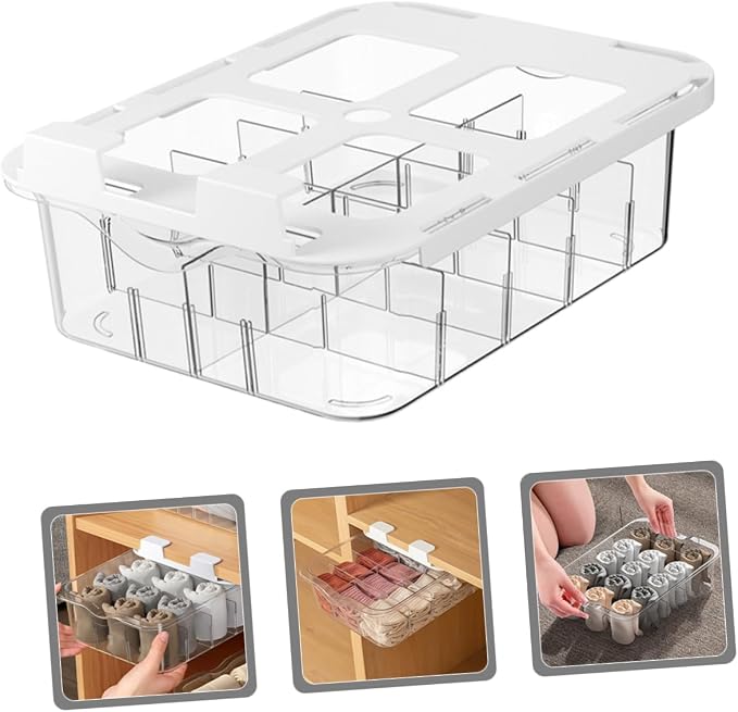 Ciieeo Transparent Compartment Pet Underwear Storage Box with Adhesive for Wardrobe Under Shelf Socks and Underwear Organizer Drawer Dust Divider for Closet and Drawer Use